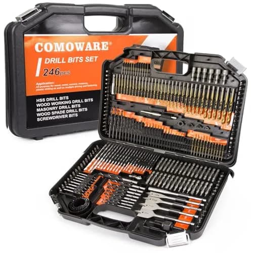 COMOWARE 246 Pcs Drill Bit Set with Orange Case | HSS Titanium & Black Oxide Coated Bits for Wood, Metal, Masonry thumbnail 1