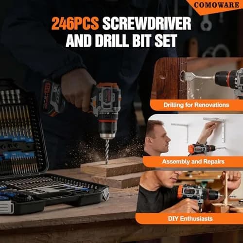 COMOWARE 246 Pcs Drill Bit Set with Orange Case | HSS Titanium & Black Oxide Coated Bits for Wood, Metal, Masonry thumbnail 7