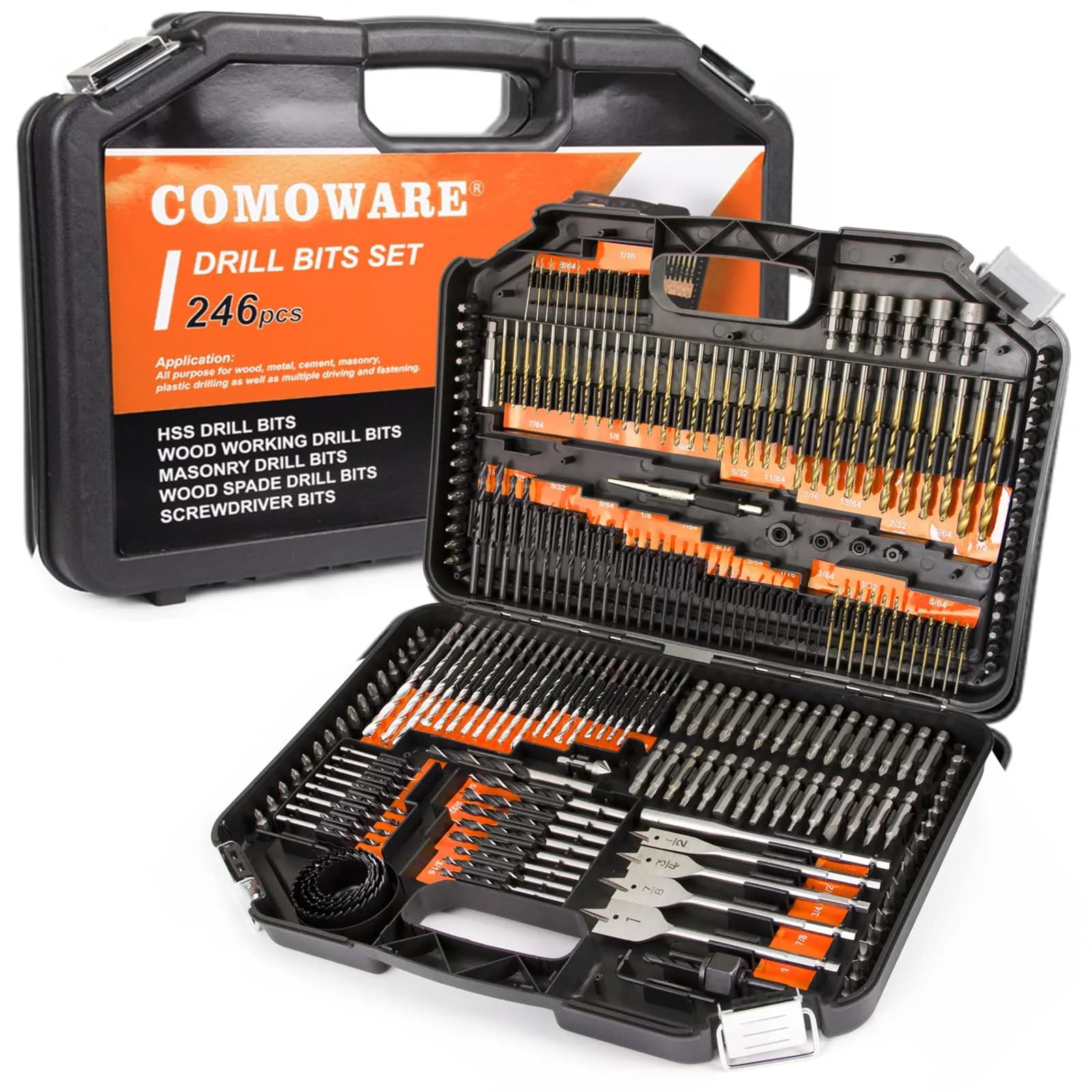 COMOWARE 246 Pcs Drill Bit Set with Case | Wood, Metal, Masonry, Cement & Screwdriver Bits — 246 Pcs-Orange