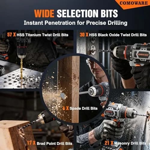 COMOWARE 246 Pcs Drill Bit Set with Orange Case | HSS Titanium & Black Oxide Coated Bits for Wood, Metal, Masonry thumbnail 3