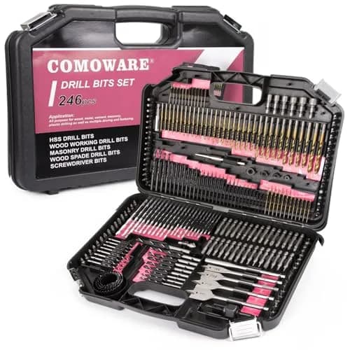 COMOWARE 246 Pcs Drill Bit Set with Pink Case | All-in-One Wood, Metal, Masonry, Screwdriver Bits Combo Kit thumbnail 1