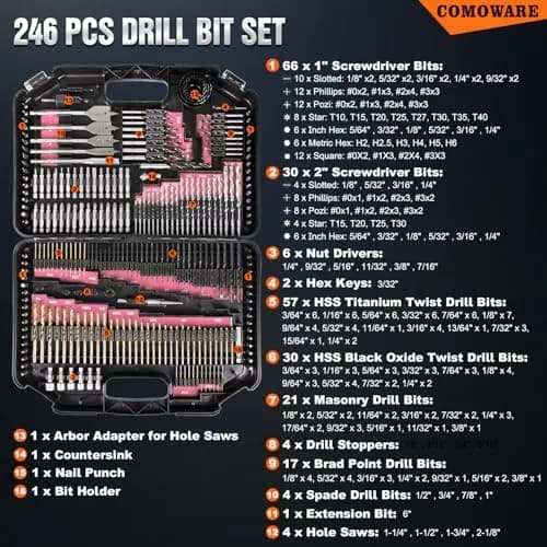 COMOWARE 246 Pcs Drill Bit Set with Pink Case | All-in-One Wood, Metal, Masonry, Screwdriver Bits Combo Kit thumbnail 2