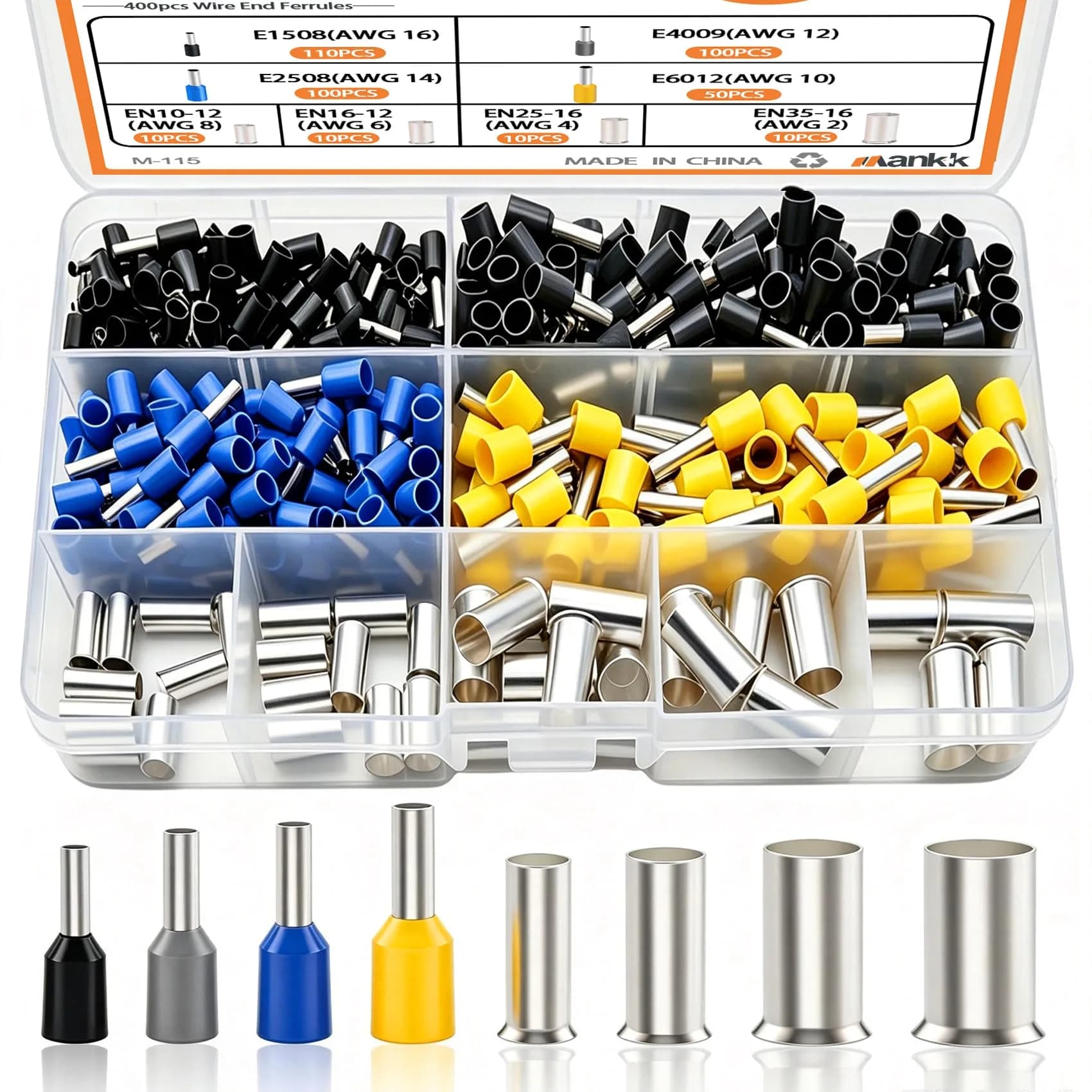 mankk 400PCS Wire Ferrules Terminals Kits Silver Plated Copper Wire Ends | Crimp Connectors for Electrical & Automotive Use
