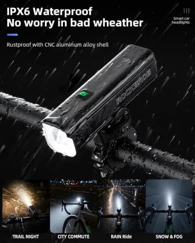 ROCKBROS Bike Light 1500 Lumens Bright Headlight Aluminum Alloy | IPX6 Waterproof, 5 Modes, USB-C Rechargeable thumbnail 5