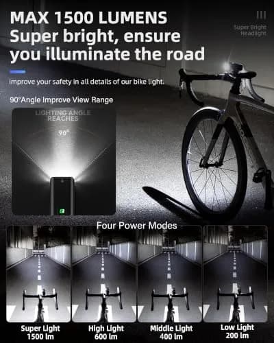 ROCKBROS Bike Light 1500 Lumens Bright Headlight Aluminum Alloy | IPX6 Waterproof, 5 Modes, USB-C Rechargeable thumbnail 2