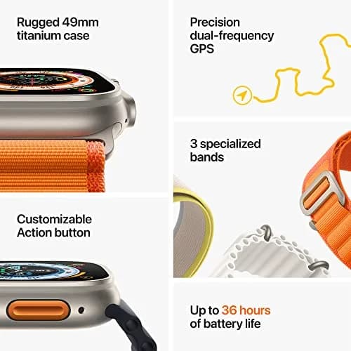 Apple Watch Ultra [GPS + Cellular 49mm] Titanium Case with Orange Alpine Loop, Large | Rugged Smartwatch with 36-Hour Battery thumbnail 7