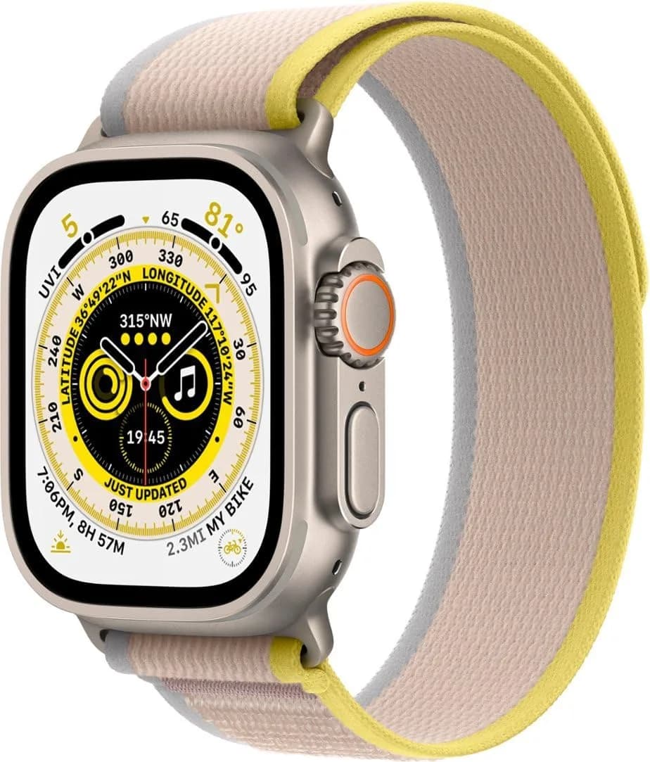 Apple Watch Ultra [GPS + Cellular 49mm] Titanium Case Yellow Ocean Band, One Size | Renewed Smartwatch with 36-Hour Battery — Trail Loop / M/L (fits 145-220mm wrists) / Yellow/Beige