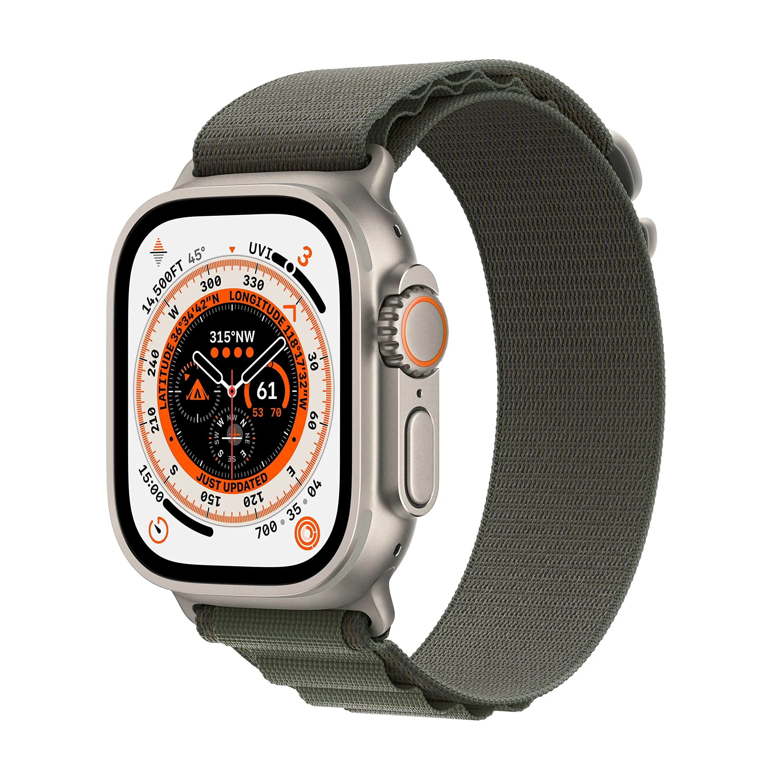 Apple Watch Ultra [GPS + Cellular 49mm] Titanium Case with Green Alpine Loop, Large | Rugged, Durable, Long Battery Life - main product image