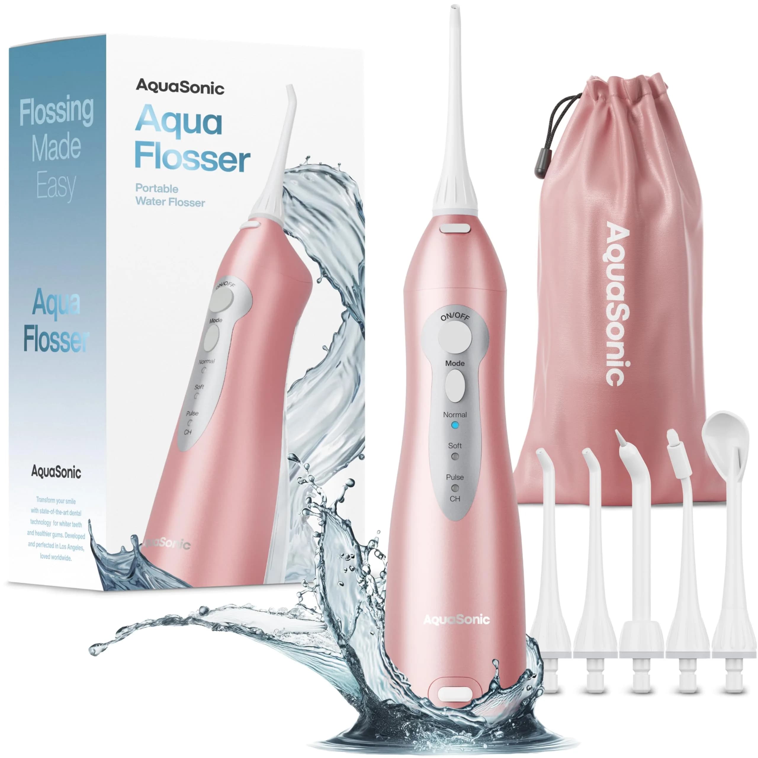 AquaSonic Water Flosser Cordless Rechargeable Oral Irrigator with 5 Jet Tips & Travel Bag | Waterproof Deep Cleaning for Teeth & Gums — Rose Gold