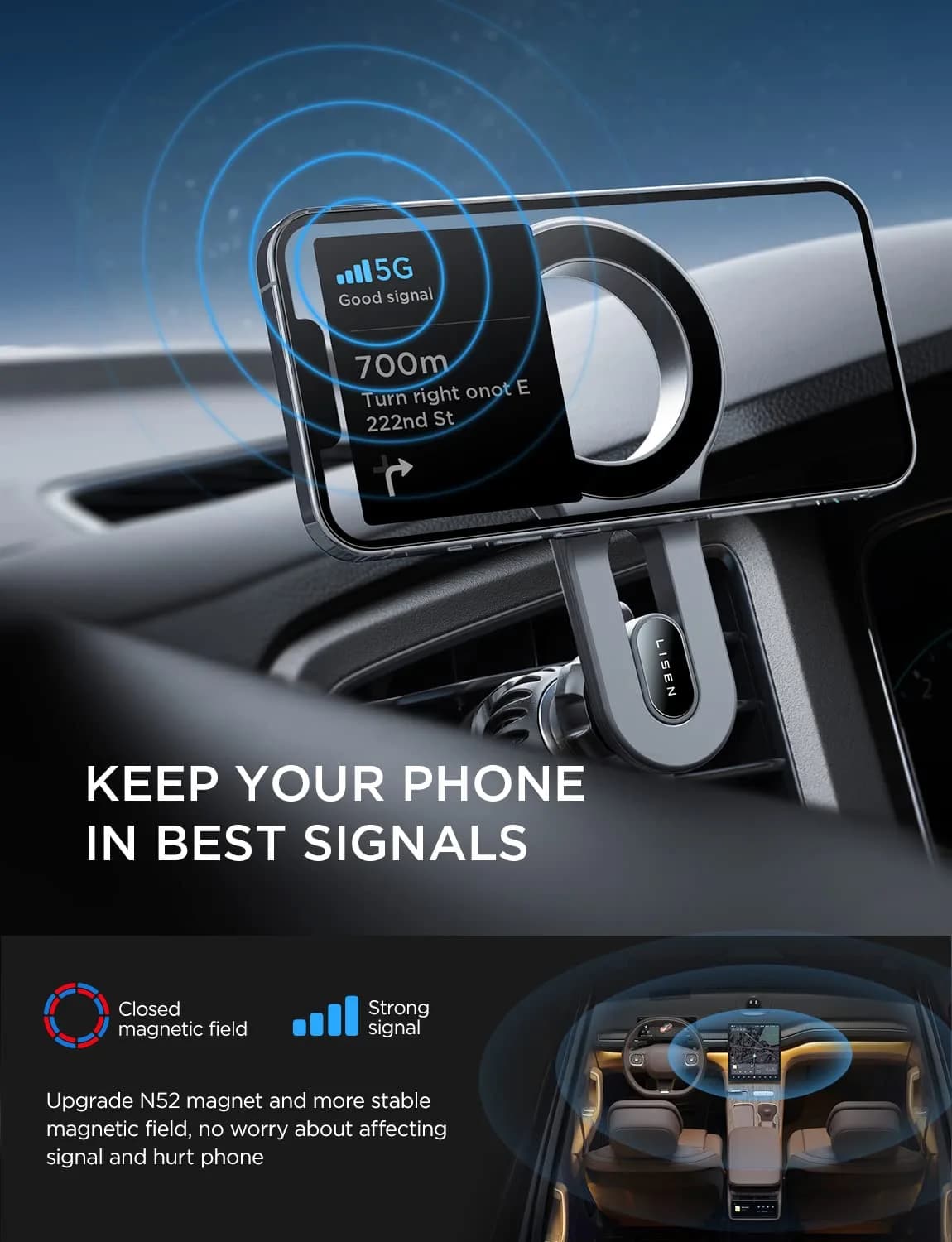 LISEN Magnetic Car Mount for iPhone 12-17 & All Smartphones, 22 Upgraded Magnets, Blue | Secure Air Vent Holder - view 4