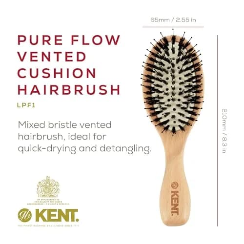 Kent LPF1 Pure Flow Oval Cushion Vented Hair Brush with Boar Bristle & Nylon Bristle, 21.9cm (8.62in) | Blowdry Detangle Volume Curls thumbnail 2