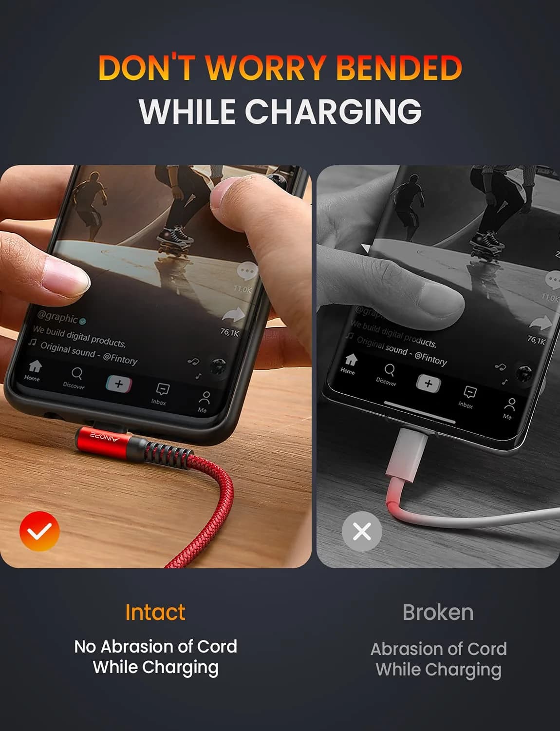 AINOPE Red 10ft+10ft USB C to USB C Right Angle Cable 60W Fast Charging & Data Transfer - view 3