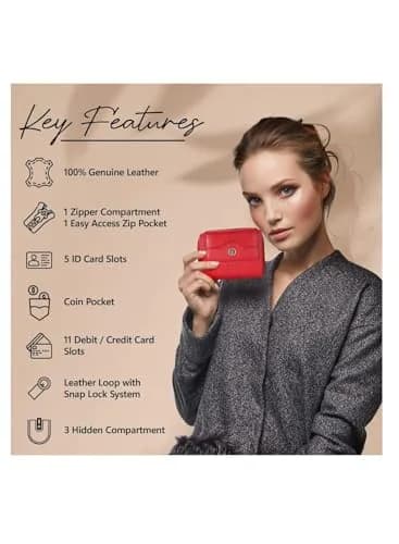 HAMMONDS FLYCATCHER Red Leather Ladies Wallet with 14 Card Slots | RFID Blocking Clutch Purse for Women thumbnail 4