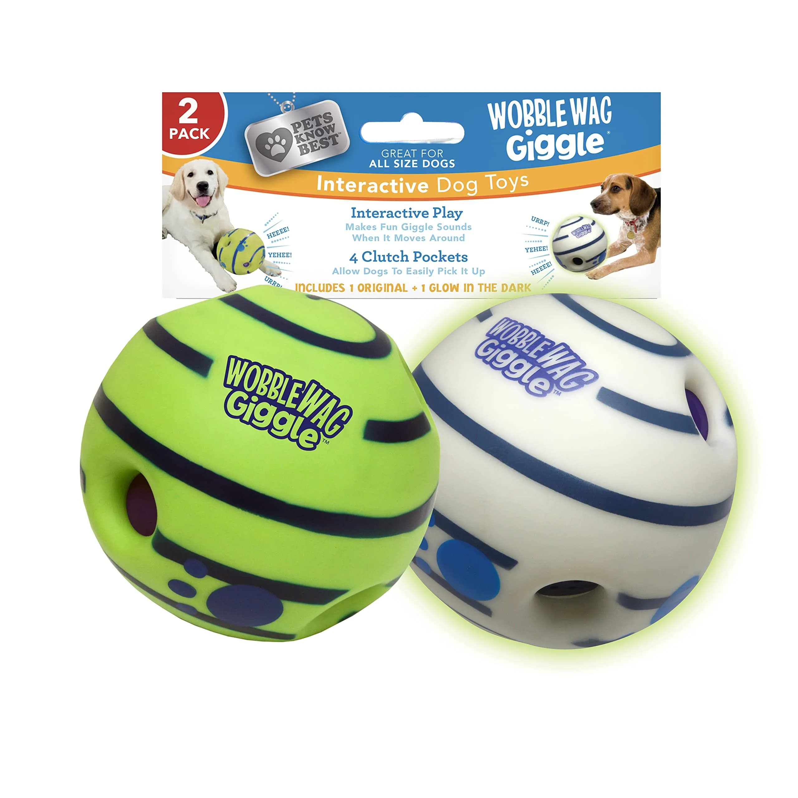 Wobble Wag Giggle Ball 2 Pack | Interactive Dog Toy with Giggle Sounds, Glow & Non-Toxic Vinyl (5.5") — Original & Glow