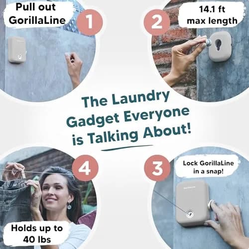 GorillaLine Retractable Clothesline Light Gray 5.39m (17.7 ft) | Heavy Duty Wall Mounted Indoor Outdoor Drying Rack thumbnail 2