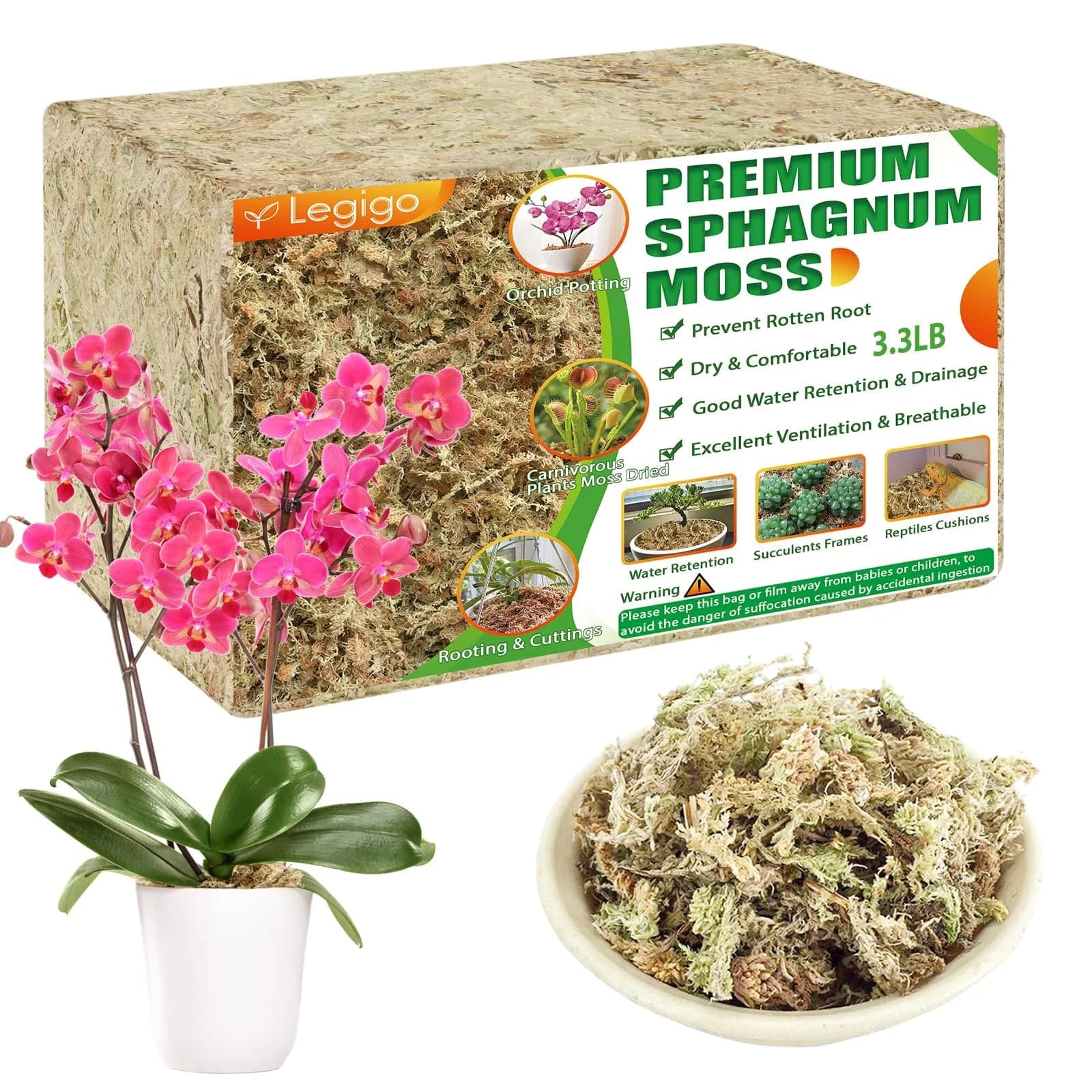 Legigo Natural Sphagnum Moss for Plants — 60 QT (1.49 kg) | Premium Long Fibers for Orchids, Succulents, Carnivorous Plants - main product image