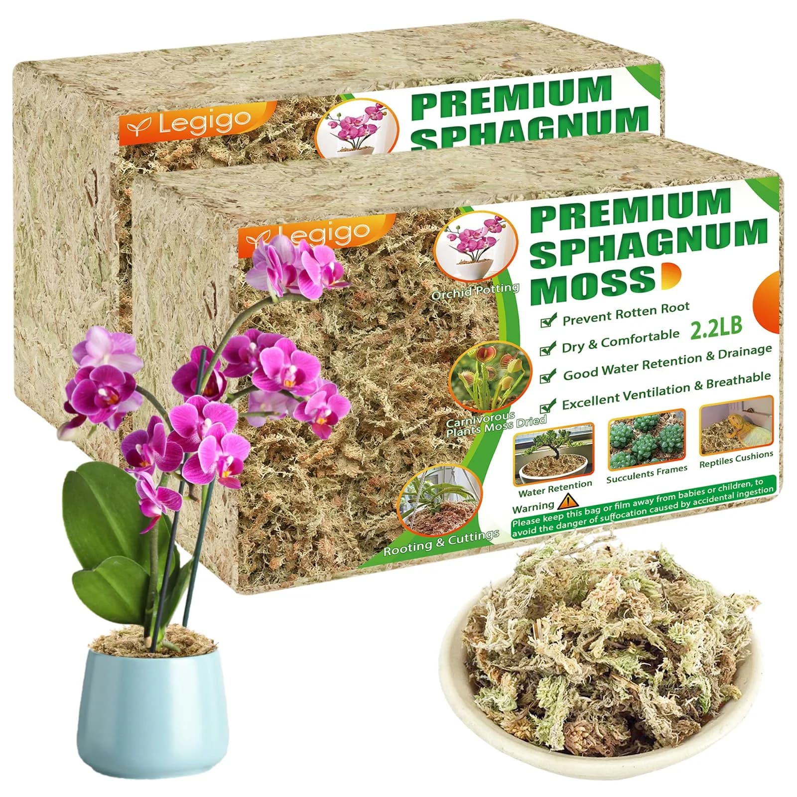 Legigo 80 QT (4.4 lb) Premium Sphagnum Moss — Natural Long Fiber Orchid & Succulent Soil - main product image