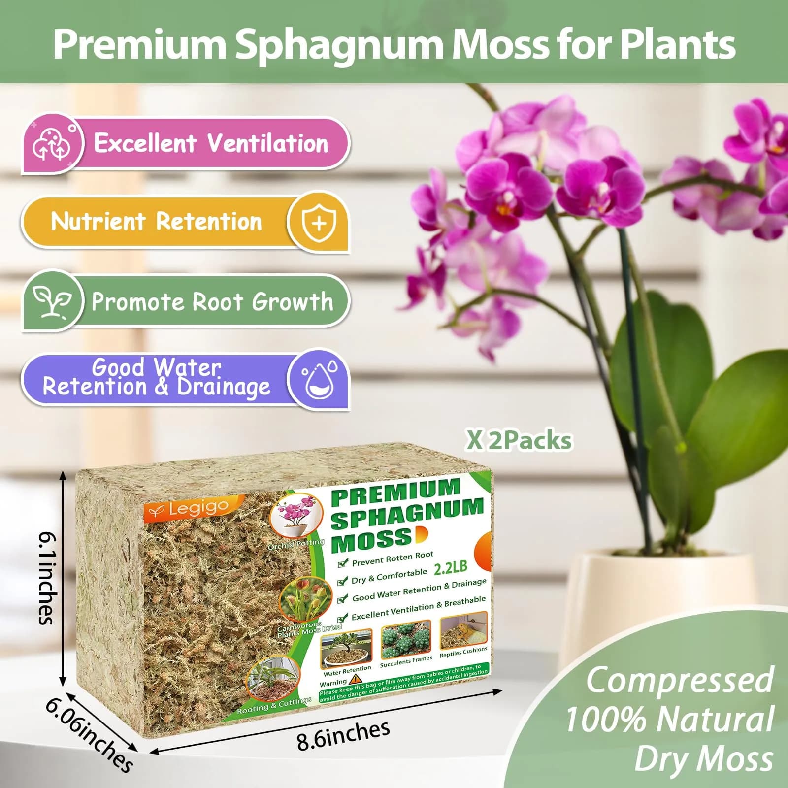 Legigo 80 QT (4.4 lb) Premium Sphagnum Moss — Natural Long Fiber Orchid & Succulent Soil - view 2