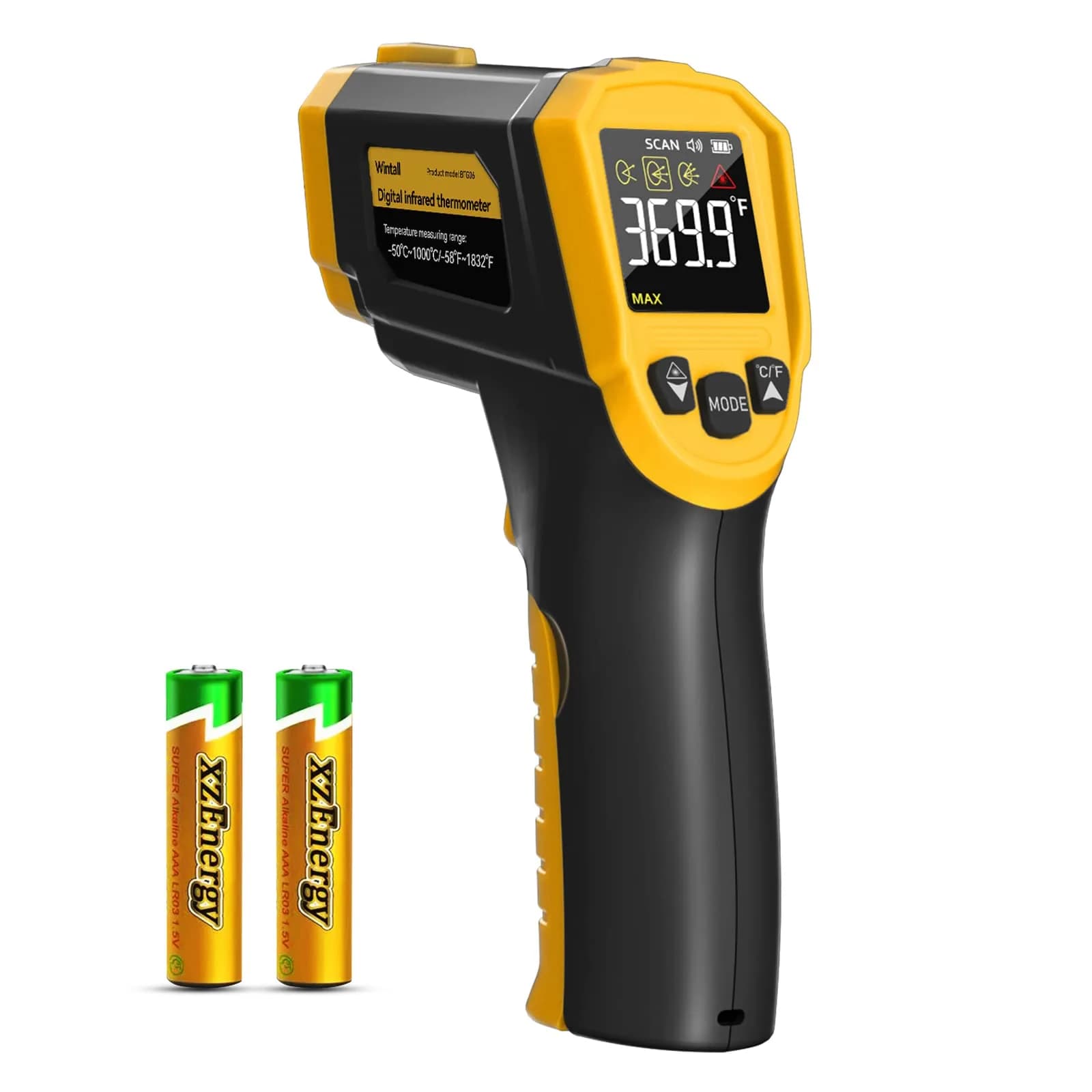 Wintall Infrared Thermometer Laser Temperature Gun -50°C ~ 1000°C ( -58°F ~ 1832°F) | Industrial & Cooking Surface Measurement — Yellow+Black