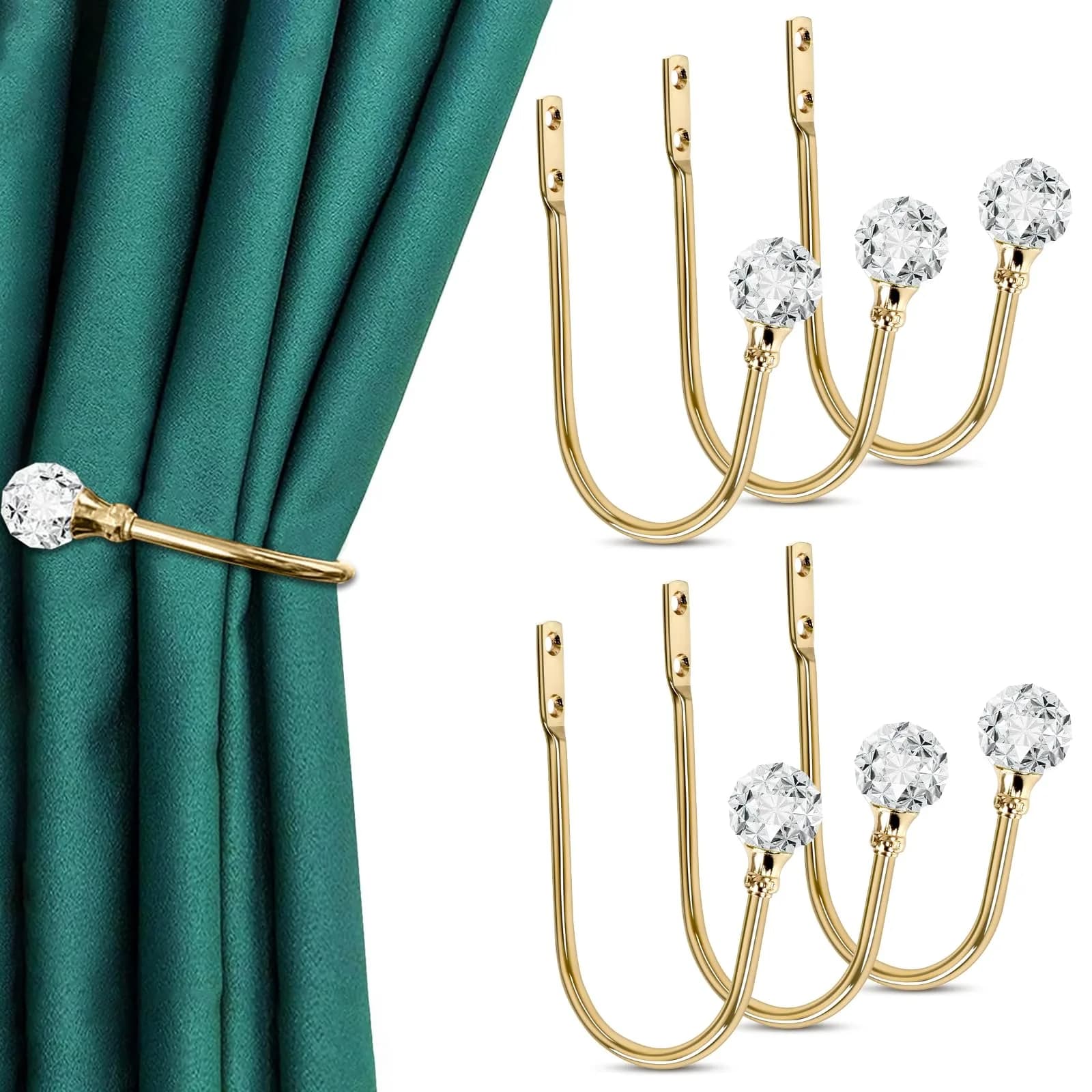 KOLAKO Rose Gold Crystal Ball Curtain Holdbacks, 6 Pack U Shaped Wall Mounted Drapery Hooks - main product image