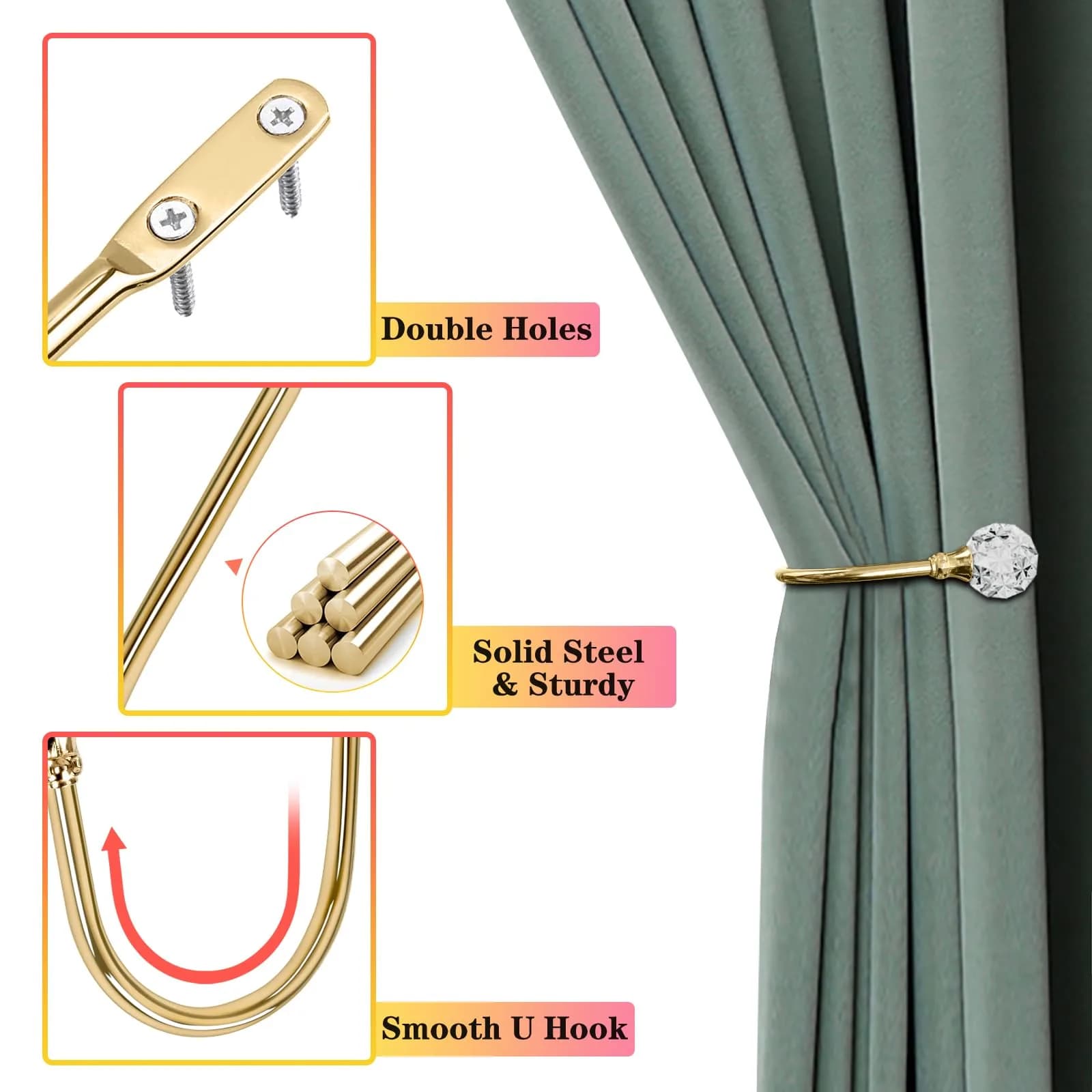 KOLAKO Crystal Ball Curtain Holdbacks 6 Pack Rose Gold Metal Heavy Duty Drapery Holders | U-Shaped Wall Mounted Hooks for Thick Drapes - view 5