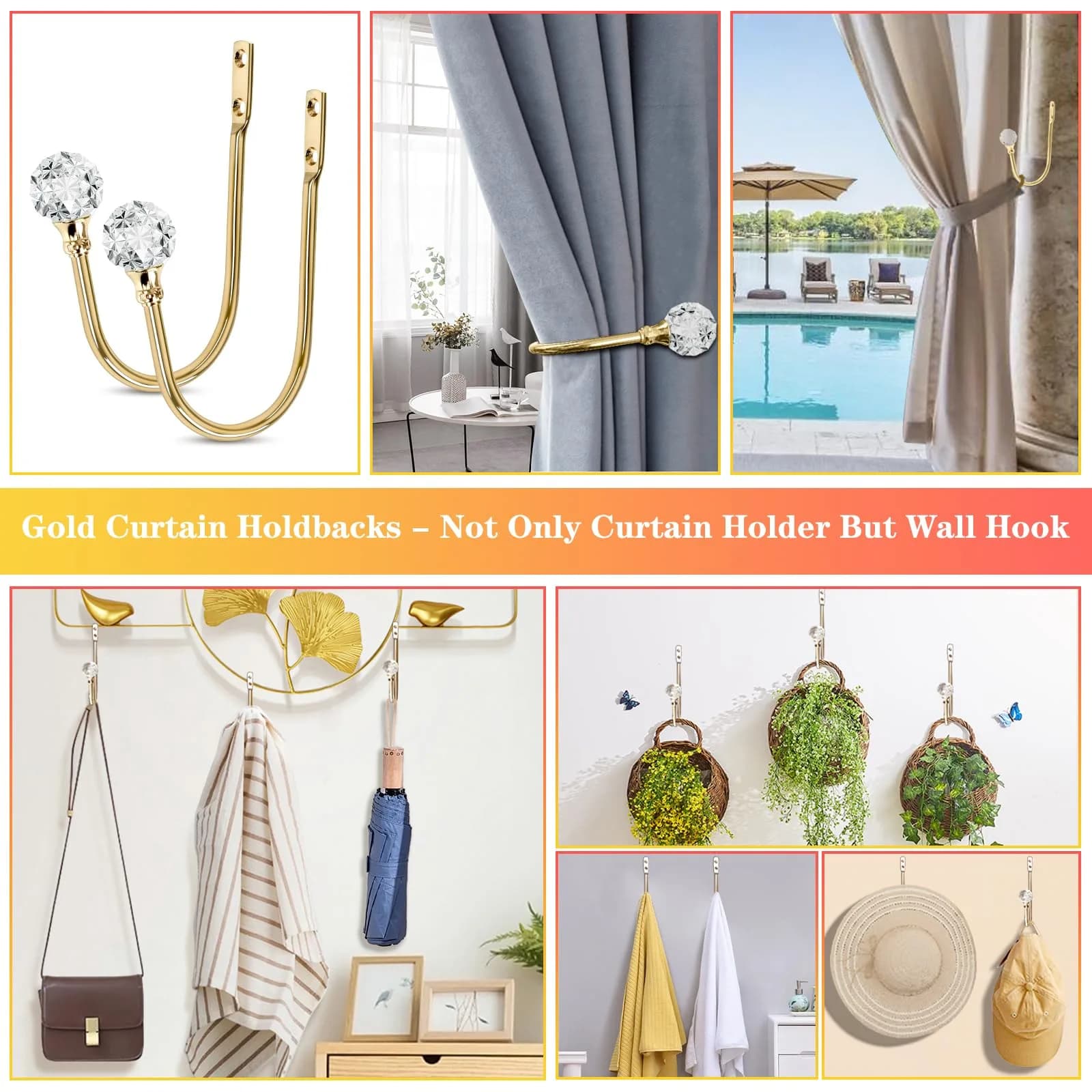 KOLAKO Crystal Ball Curtain Holdbacks 6 Pack Rose Gold Metal Heavy Duty Drapery Holders | U-Shaped Wall Mounted Hooks for Thick Drapes - view 7