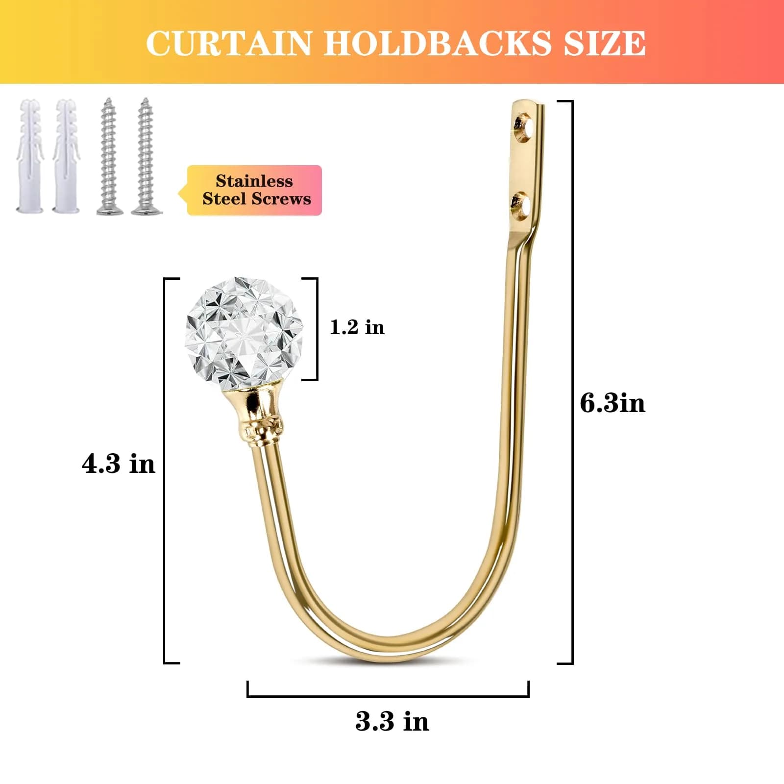 KOLAKO Rose Gold Crystal Ball Curtain Holdbacks, 6 Pack U Shaped Wall Mounted Drapery Hooks - view 2