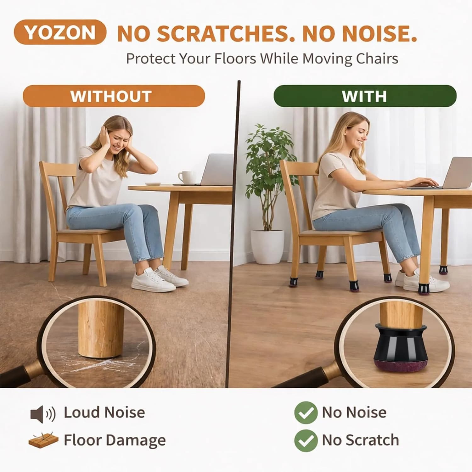 YOZON Chair Leg Floor Protectors Silicone Caps with Felt Base, 32 Pack Black Round Medium | Protects Floors & Reduces Noise - view 5