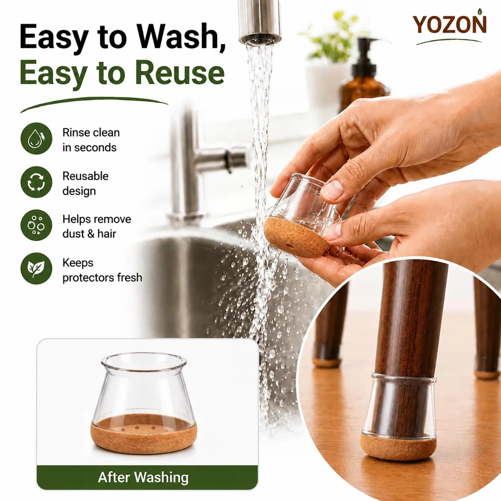 YOZON Chair Leg Floor Protectors Silicone Caps Felt Strengthen Bottom 32 Pack Clear Round Small 1.6cm (0.63" - 0.9") | Protects Floors from Scratches - view 7