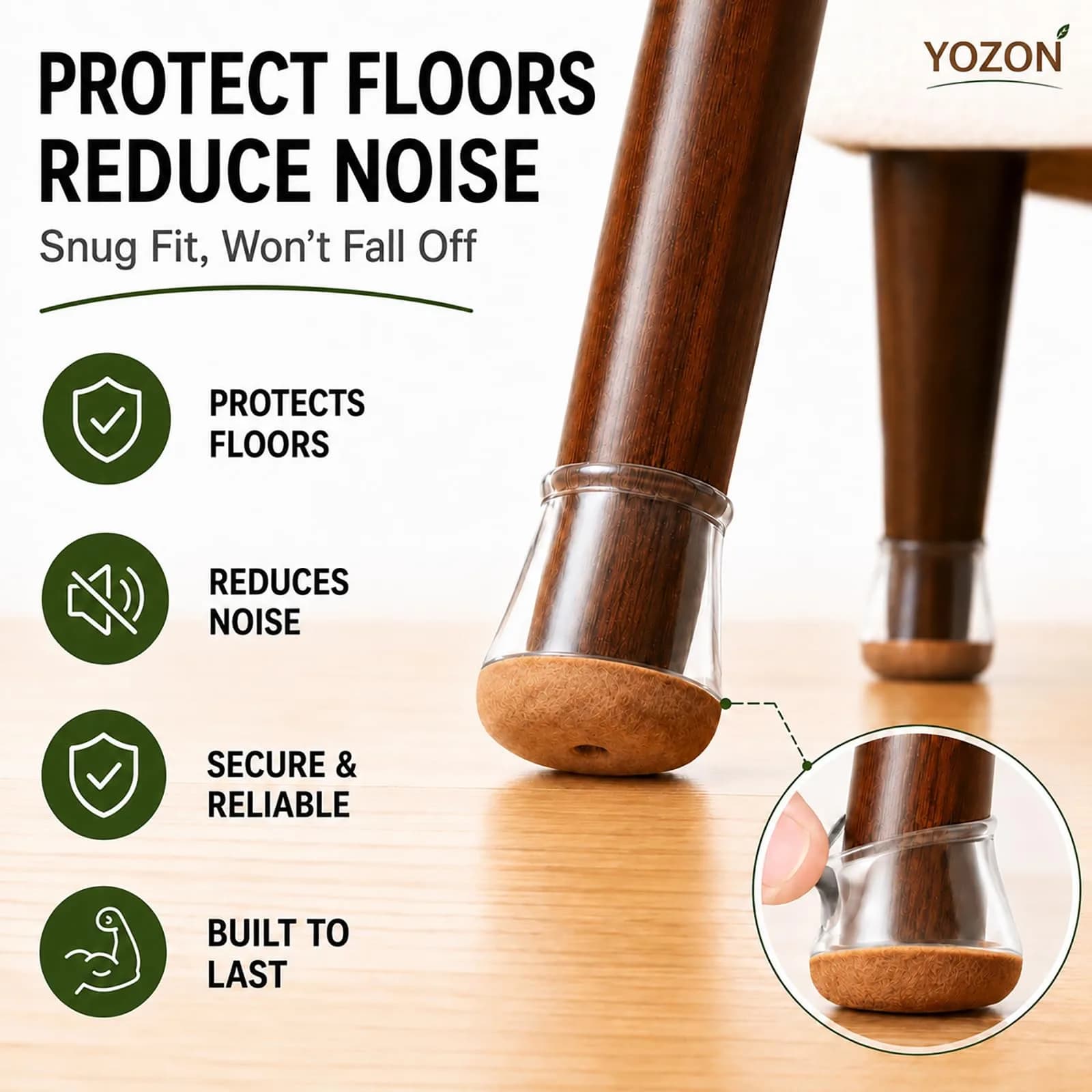 YOZON Chair Leg Floor Protectors Silicone Caps Felt Strengthen Bottom 32 Pack Clear Round Small 1.6cm (0.63" - 0.9") | Protects Floors from Scratches - view 2