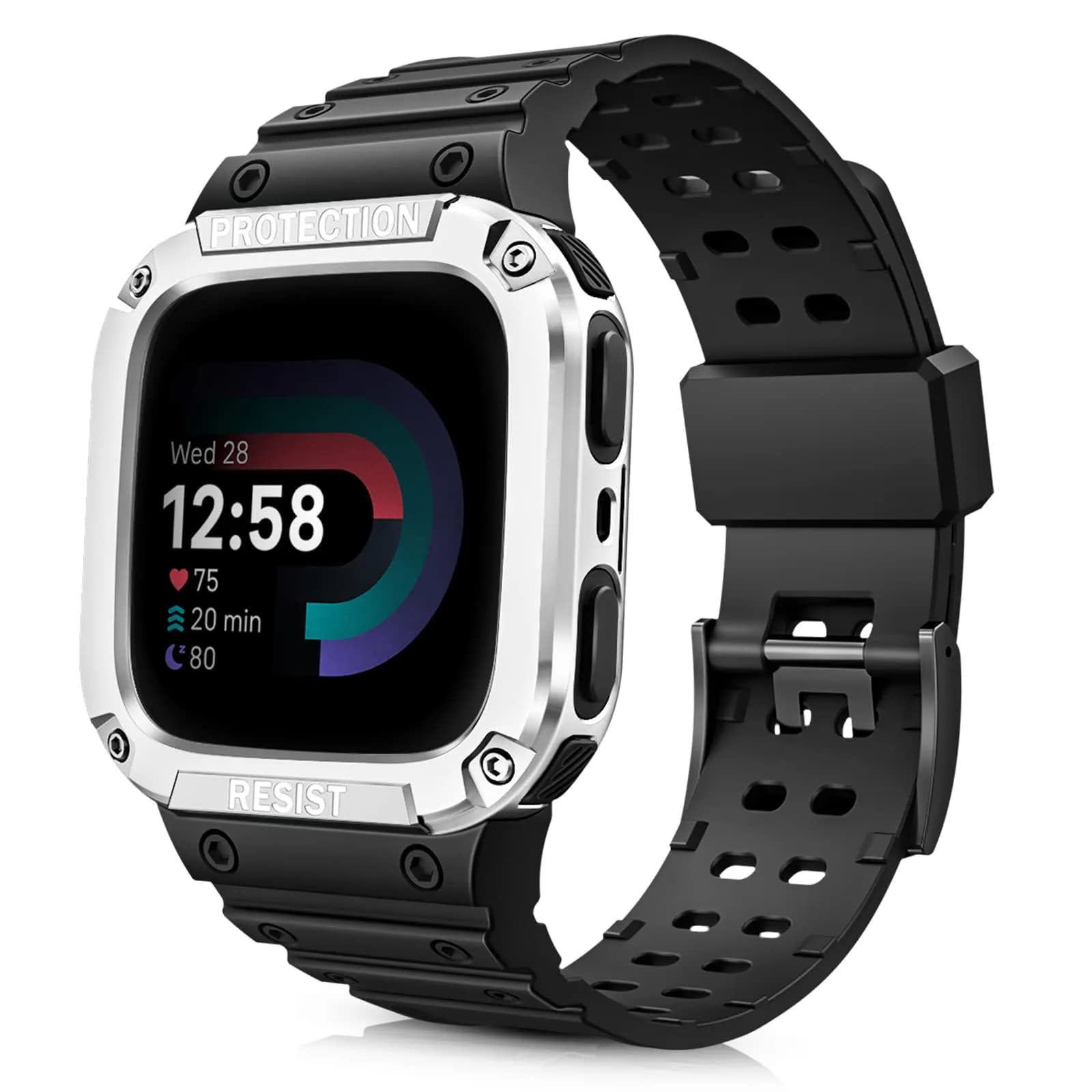 FINTIE Rugged Band with Case for Fitbit Versa 4/3/2/1 & Sense 2/1 - Black/Silver, 165mm-245mm (6.5-9.5 inch) — Black/Silver