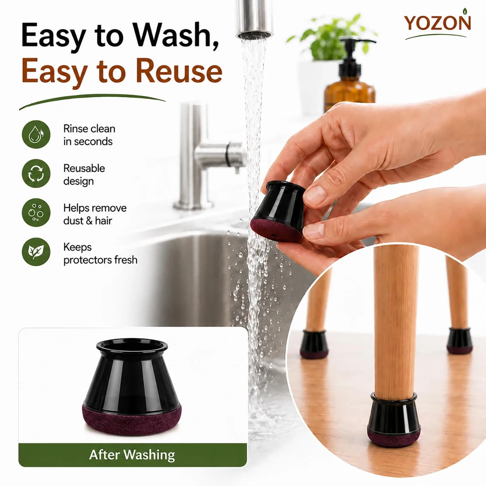 YOZON Chair Leg Floor Protectors Silicone Caps Felt Furniture Pads 16 Pack Black Round Small | Protects Floors & Reduces Noise - view 7