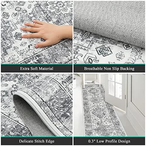Pauwer Hallway Runner Rug 2x6 | Washable Vintage Grey Boho Style (70-120 chars) thumbnail 3