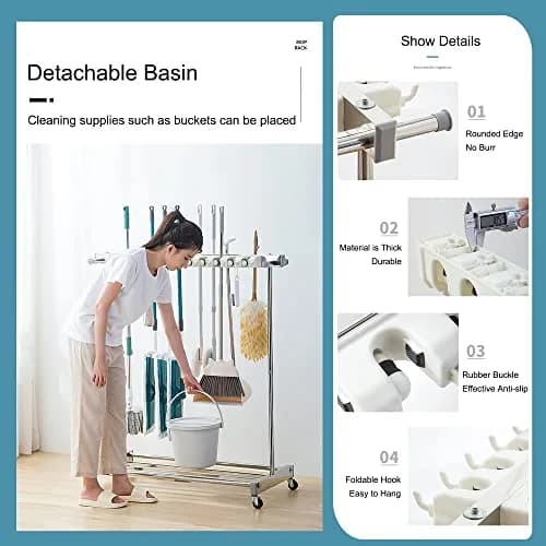 WXZX Utility Movable Commercial Rack for Mops & Brooms | Space-Saving Housekeeping Cart (67×50×122cm) thumbnail 7