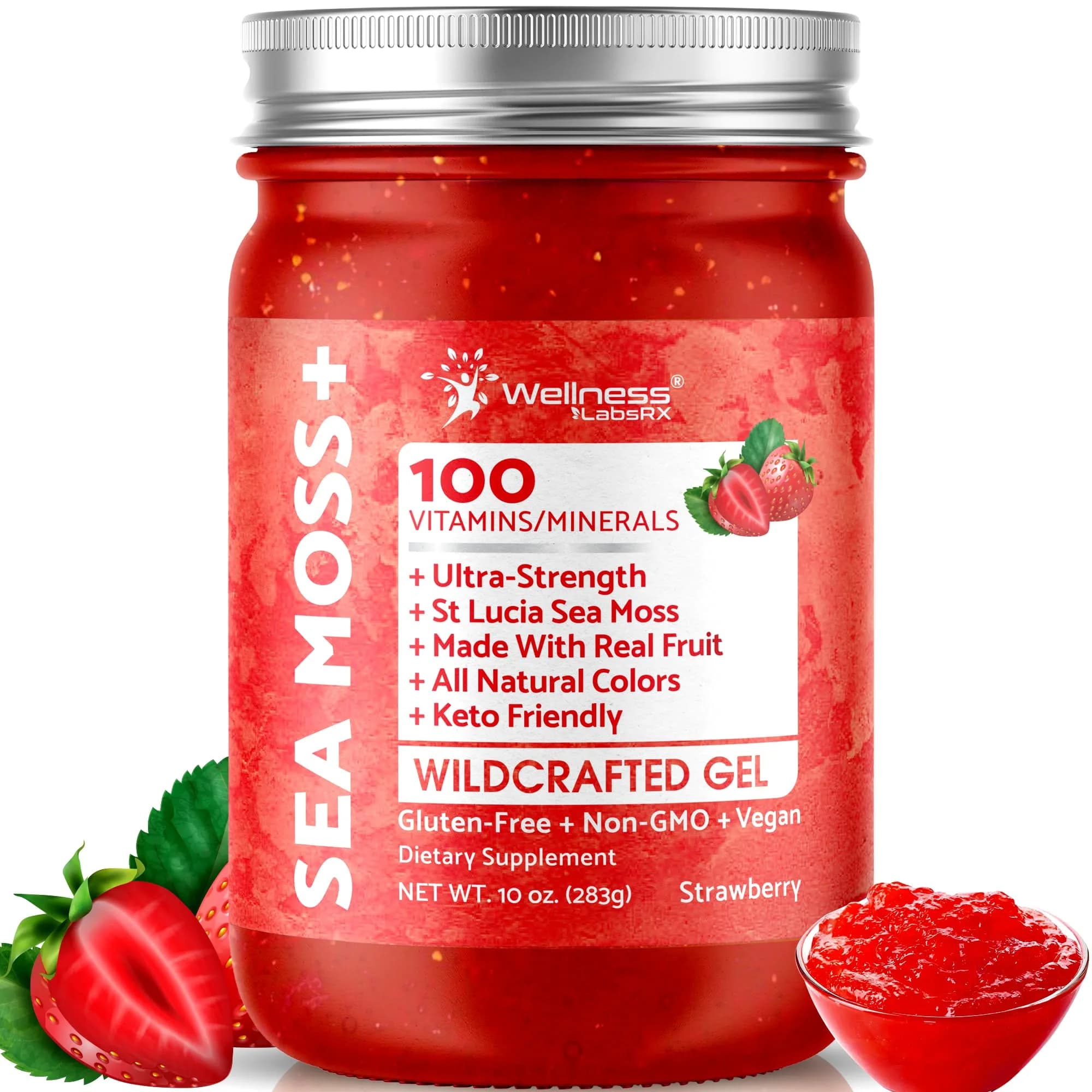 WELLNESS LABSRX Strawberry Sea Moss Gel 300ml (10 Fl Oz) | Nutrient-Rich Superfood for Wellness — Strawberry