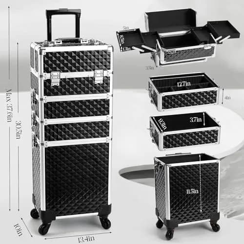 Yueieoun Cosmetic Case 4-in-1 | Travel & Professional Makeup Trolley, Lockable, Black thumbnail 6
