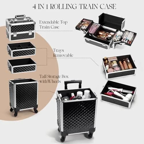 Yueieoun Cosmetic Case 4-in-1 | Travel & Professional Makeup Trolley, Lockable, Black thumbnail 8
