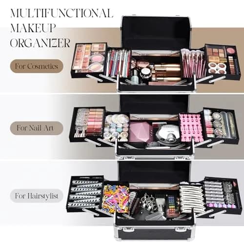 Yueieoun Cosmetic Case 4-in-1 | Travel & Professional Makeup Trolley, Lockable, Black thumbnail 2