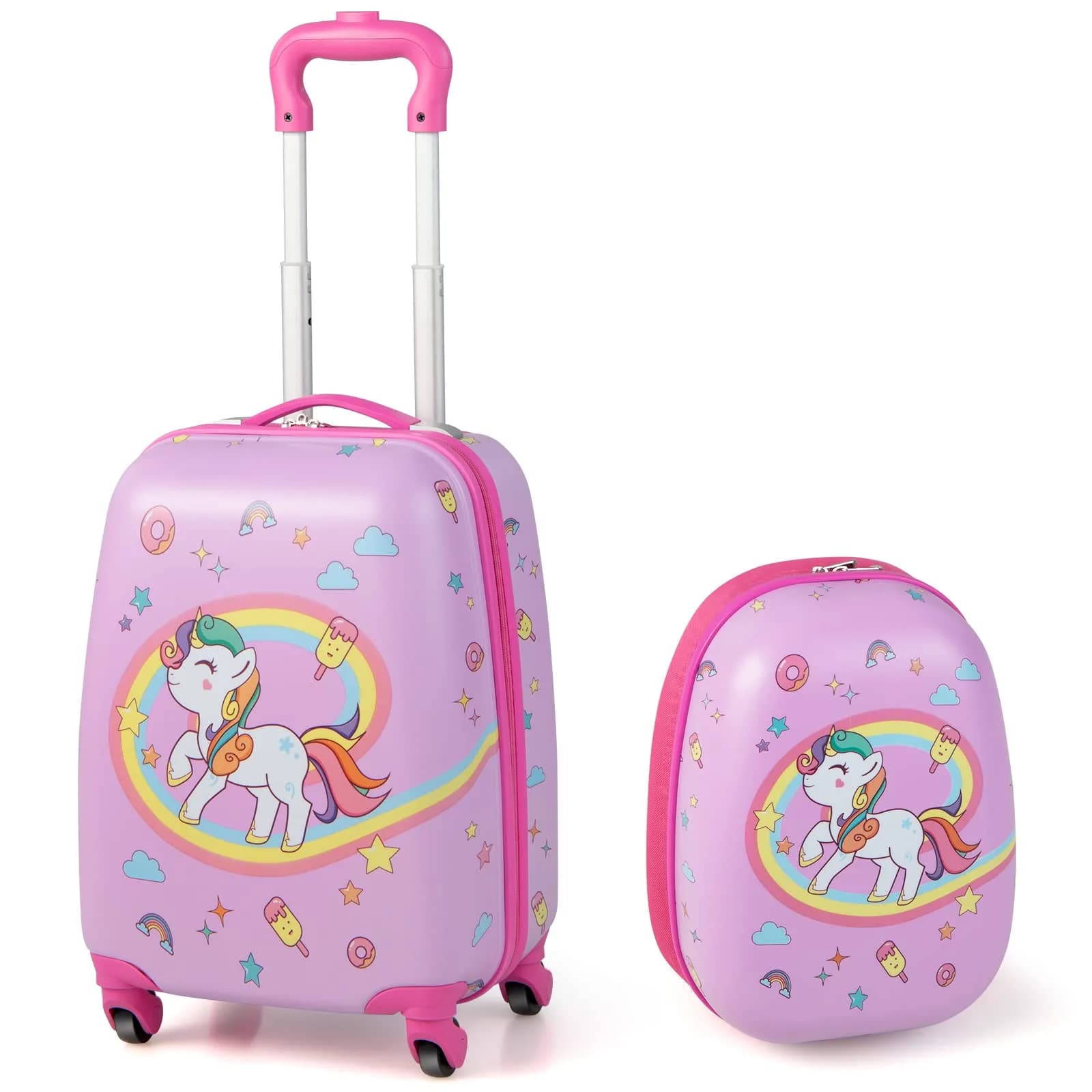HONEY JOY Kids Luggage Set with 12" Toddler Backpack & 16" Suitcase | Lightweight Durable ABS Hardshell, Pink Horse