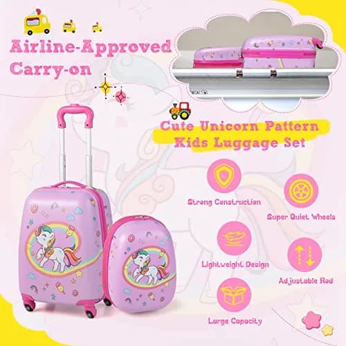 HONEY JOY Kids Luggage Set with 12" Toddler Backpack & 16" Suitcase | Lightweight Durable ABS Hardshell, Pink Horse thumbnail 4