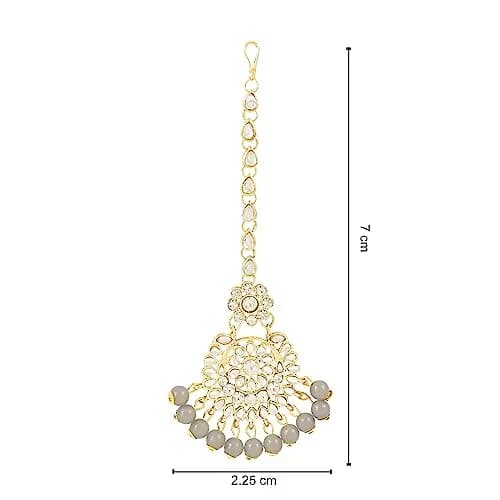 I Jewels Gold Plated Kundan Pearl Maang Tikka Headpiece 17.8 cm (7 Inch) | Traditional Indian Wedding Jewelry thumbnail 3