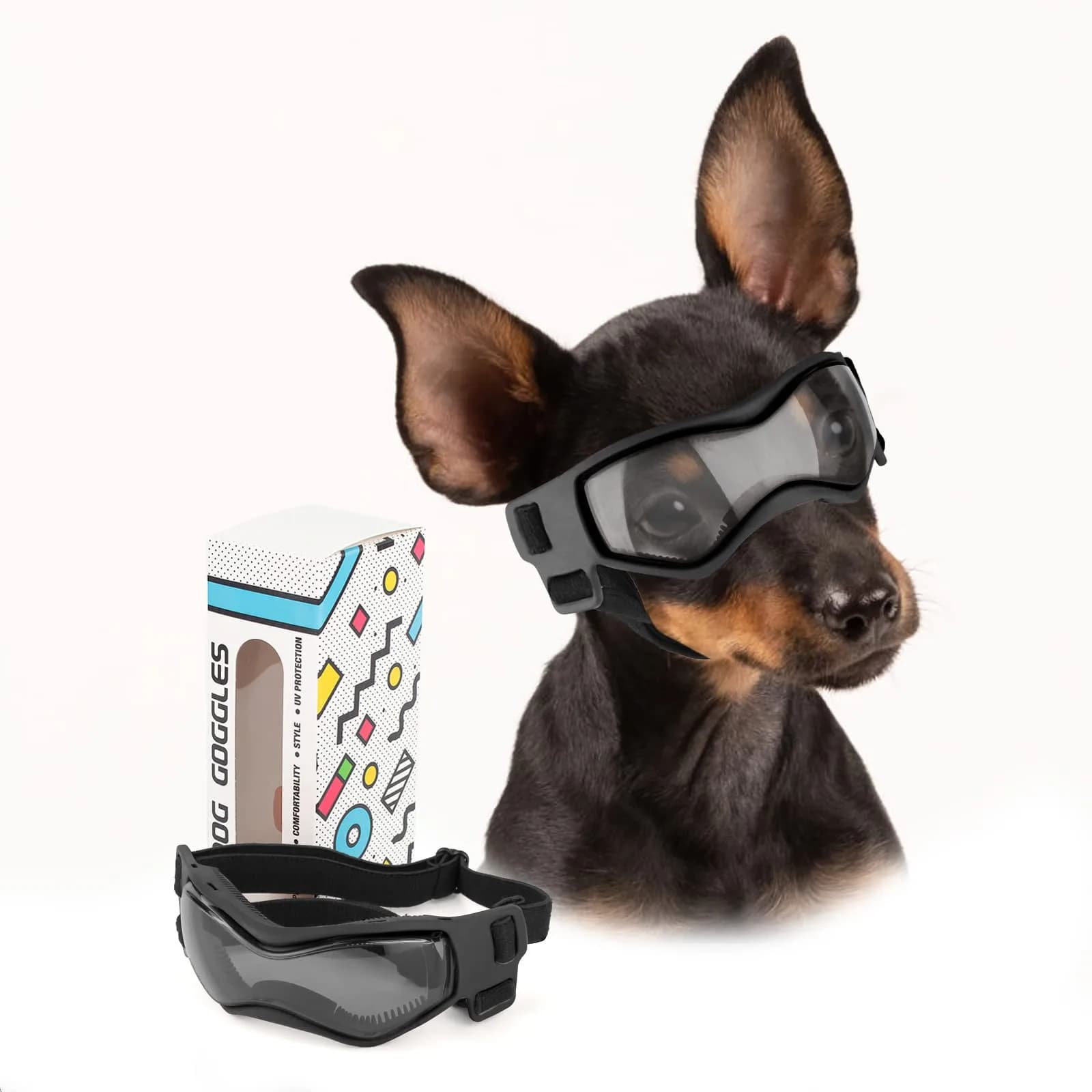 PETLESO Dog Goggles for Small to Medium Breed, Anti-UV Dog Sunglasses 5" L x 2" W | Sporty Orange Pet Eyewear — Black / Small