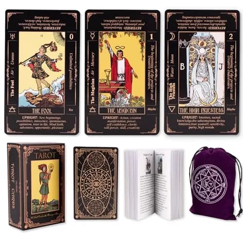 KLEDERY Tarot Cards for Beginners, Classic Tarot Deck with Meanings, Durable Cards with Guide Book, Black | Beginner Tarot Learning Tool thumbnail 1