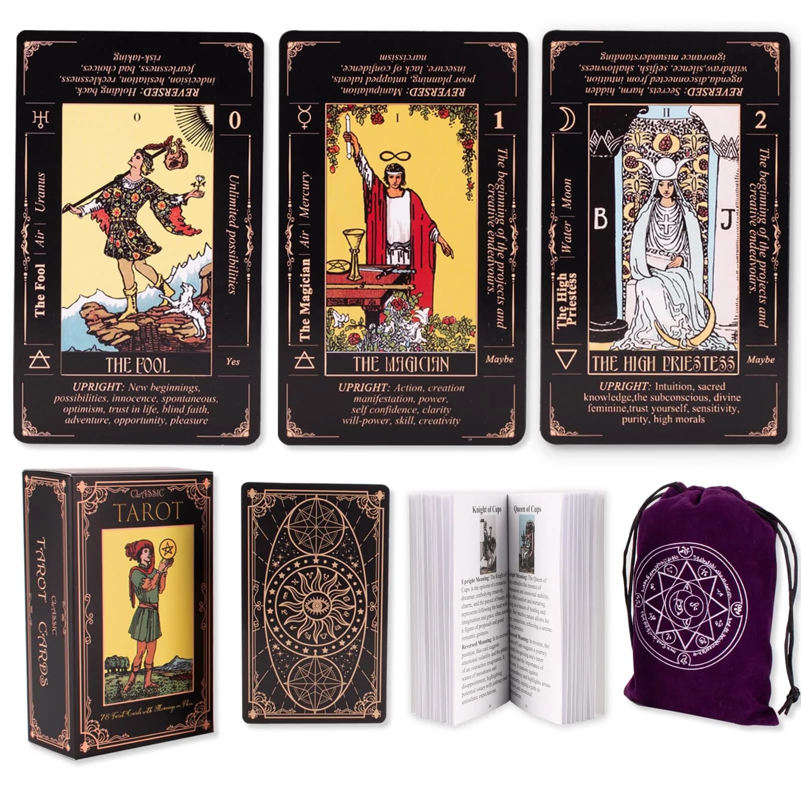 KLEDERY Tarot Cards for Beginners, Classic Tarot Deck with Meanings, Durable Cards with Guide Book, Black | Beginner Tarot Learning Tool