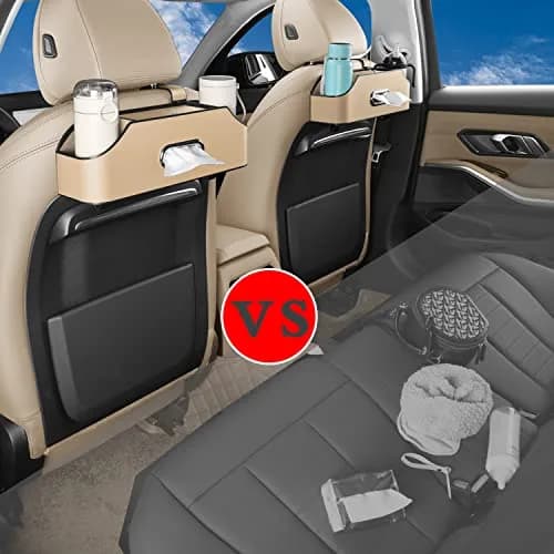HOLDCY Car Back Seat Organizer with 2 Cup Holders, Tissue Box & Storage Hooks - Beige | Multi-functional Car Rear Seat Storage Pouch thumbnail 4
