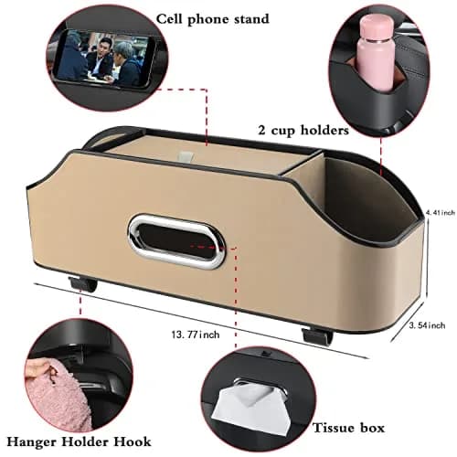HOLDCY Car Back Seat Organizer with 2 Cup Holders, Tissue Box & Storage Hooks - Beige | Multi-functional Car Rear Seat Storage Pouch thumbnail 2