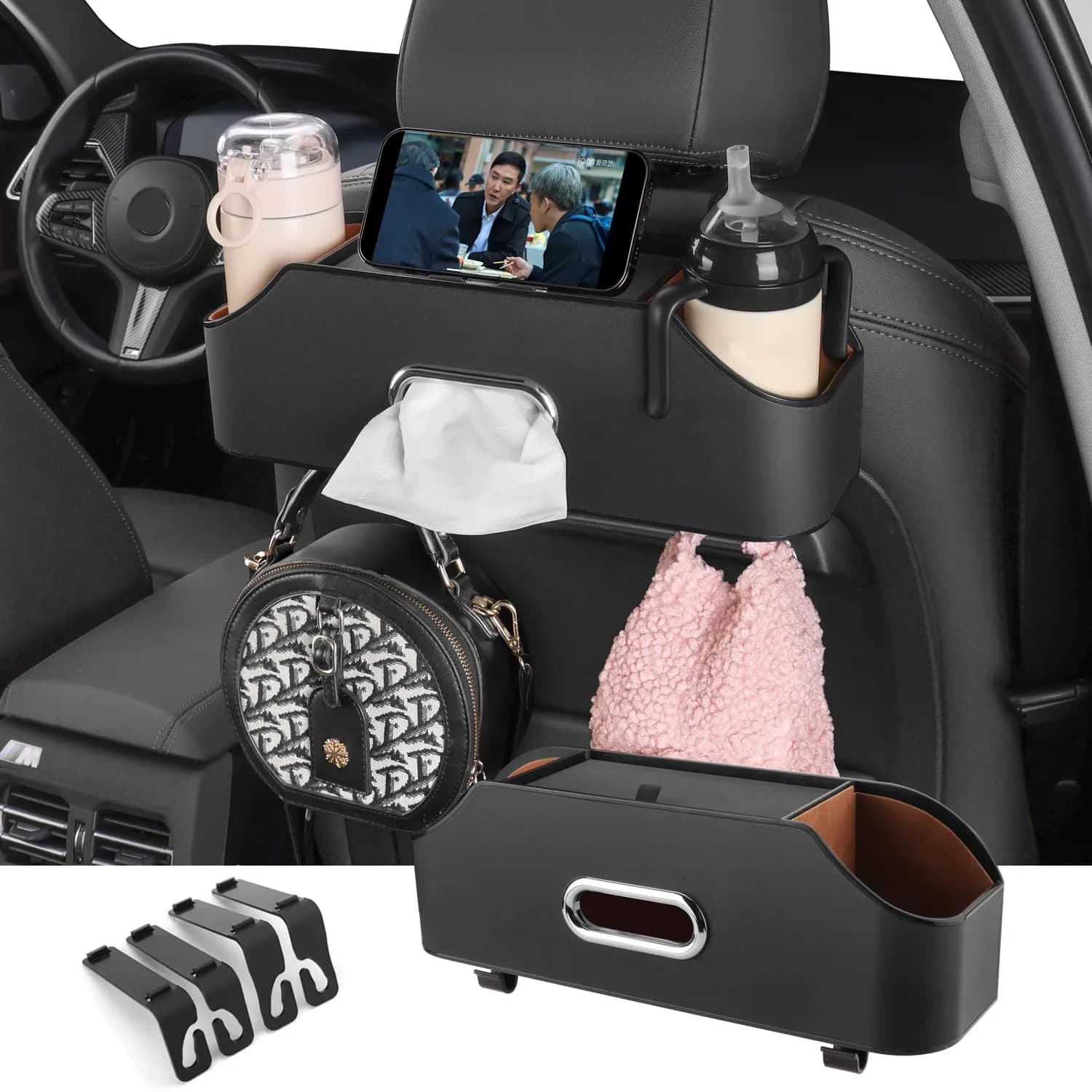 HOLDCY Car Back Seat Organizer with 2 Cup Holders, Tissue Storage, Black | Multi-Pocket Design for Cars & Trucks