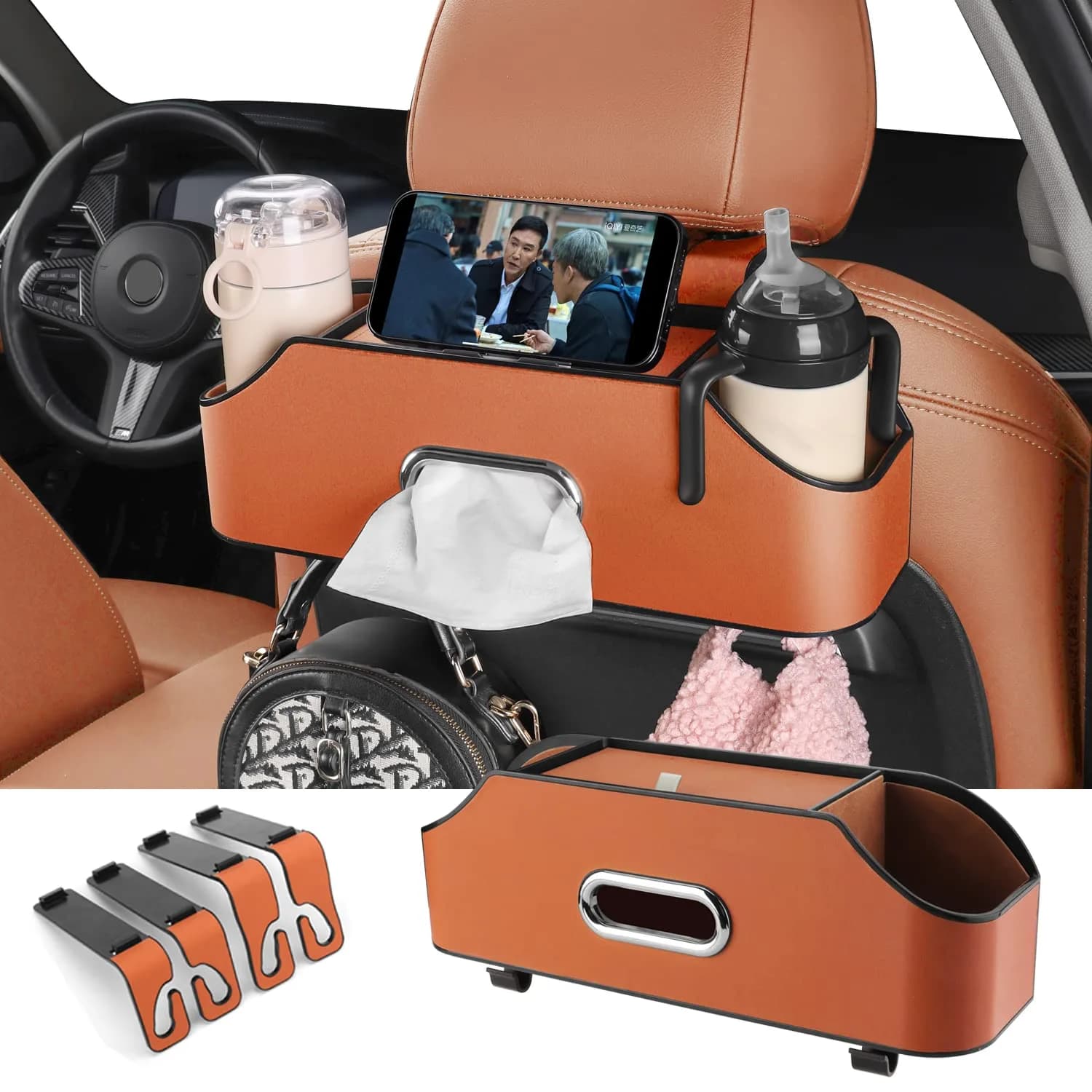HOLDCY Car Back Seat Organizer with 2 Cup Holders, Tissue Storage, Orange | Waterproof, Durable & Easy to Install - main product image