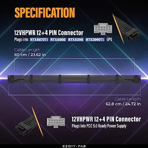 EZDIY-FAB 12VHPWR PSU Sleeved Cable 60cm Black | PCIe 5.1 12V-2x6 600W Support thumbnail 3