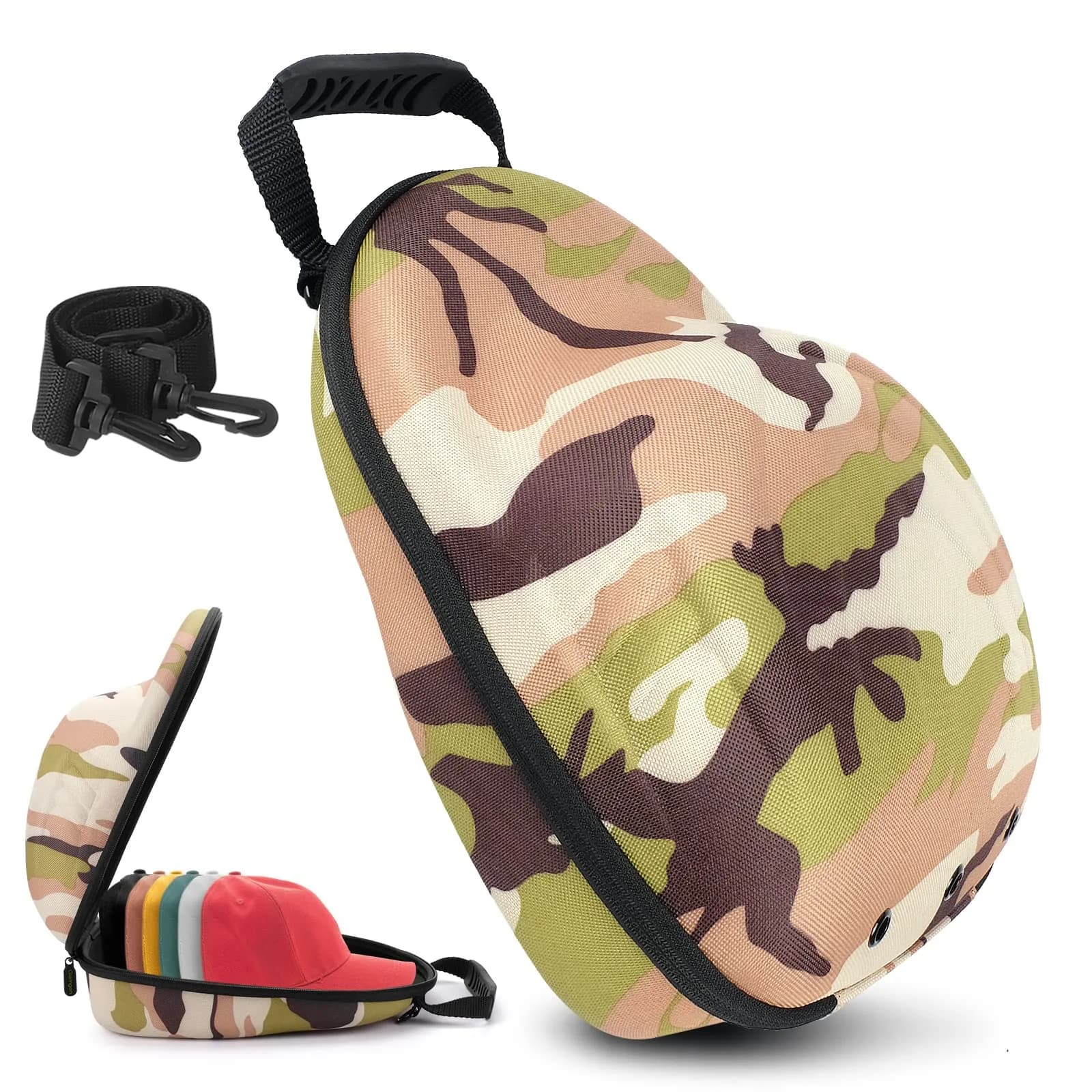 Glamgen Hard Hat Travel Case for 6 Baseball Caps | Protects Shape, Dust-Proof, Lightweight Organizer Bag with Shoulder Strap — Camouflage Hat Case